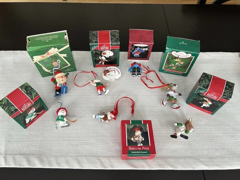 Vintage LOT Of 7 HALLMARK Ornaments SPORTS THEME Ski Hockey Baseball Santa V25